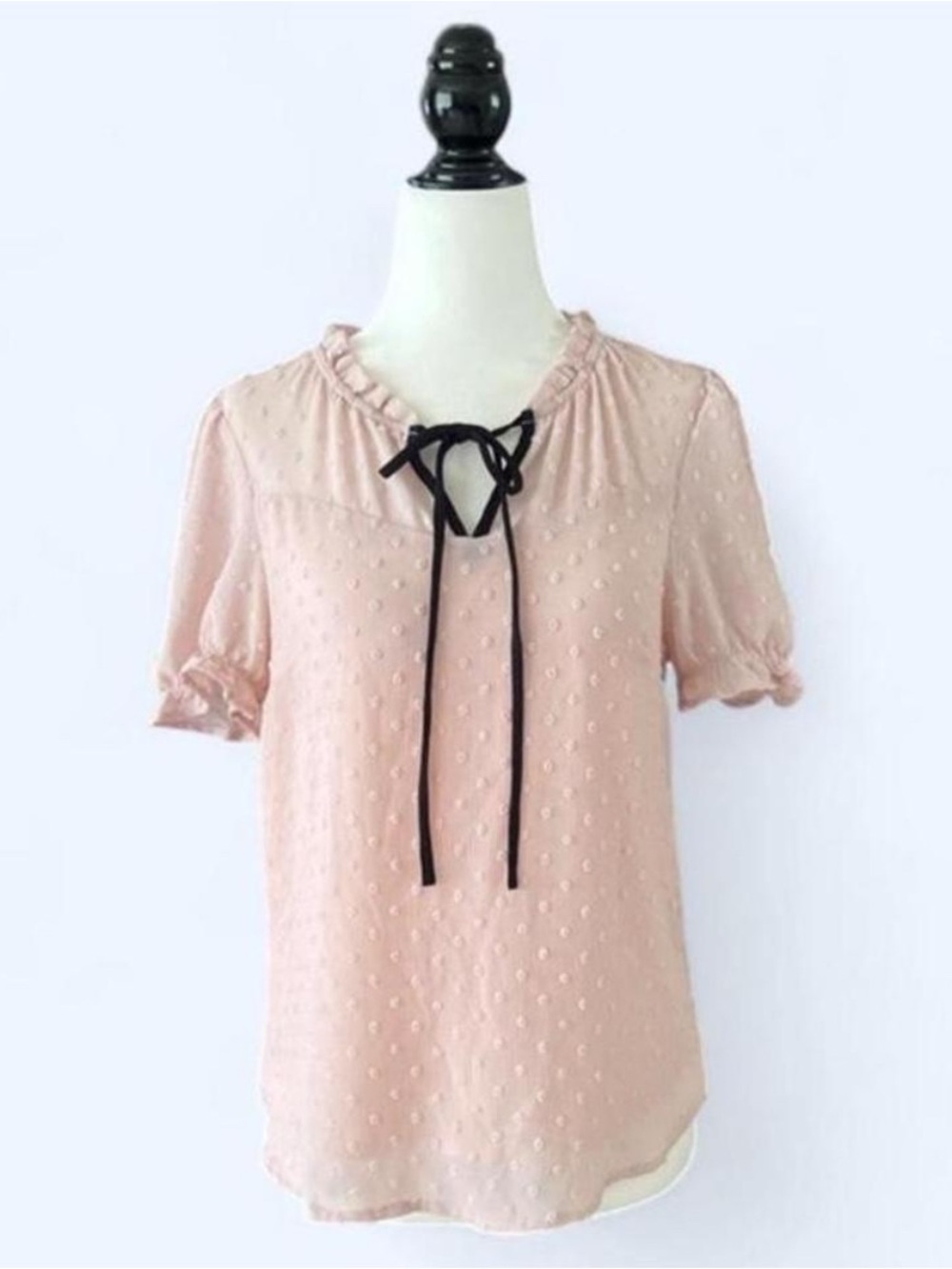 Monteau Blush Pink Swiss Dot Tie-Neck Ruffle Blouse Medium